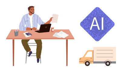 Man working on laptop, analyzing documents with AI integration and logistics concept. Ideal for technology, business, innovation, supply chain, productivity, automation, problem-solving simple flat