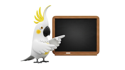 Cute cartoon cockatoo pointing at a blackboard on transparent background