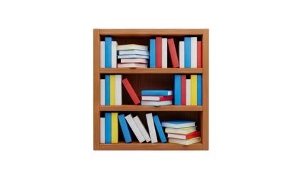 Colorful books on a wooden bookshelf on transparent background