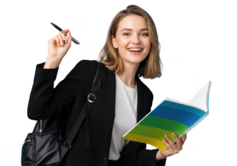 Smiling businesswoman holding notebook and pen isolated on transparent background