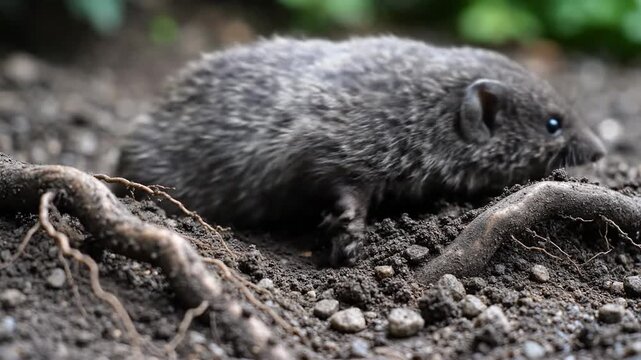 Gray Mole Digging in the Soil.