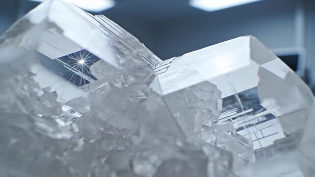 Close-up view of a clear danburite crystal formation gleams under laboratory light, revealing intricate structure and facets