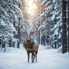 Majestic deer adorned with festive wreath standing in snowy forest wonderland scene