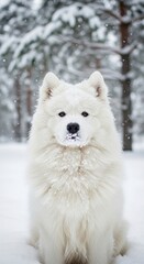 Obraz premium Serene samoyed portrait amidst a winter woodland snowfall capturing a moment of peaceful beauty