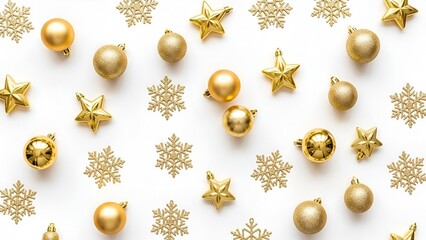 Fototapeta premium Elegant golden christmas ornaments arranged on a pristine white background for festive appeal
