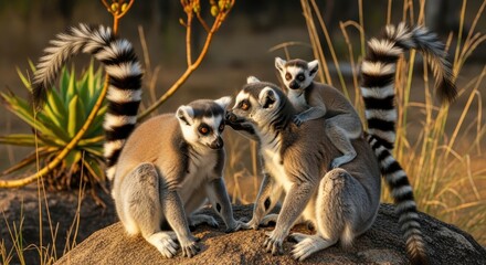 Ring-tailed lemur family portrait on a rock basking in the gentle warmth of golden sunlight