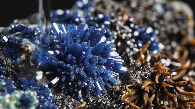 Delicate blue vivianite crystals forming needle-like structures within a natural mineral deposit