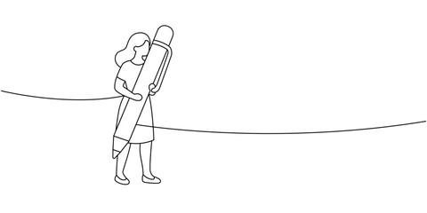 Obraz premium Woman carrying oversized pen. Minimalist line vector illustration of female character with large ballpoint pen