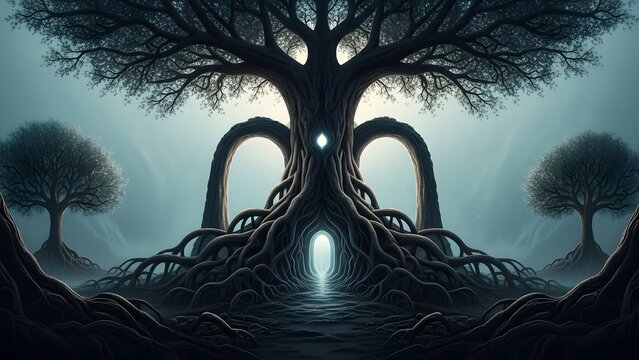 Mystical ancient tree with glowing eye and surreal root system
