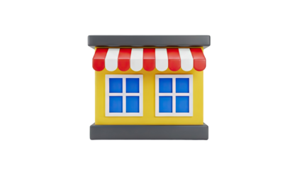 3D icon of a storefront with awning and windows on transparent background