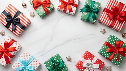Festive Christmas Presents Arranged on Marble Surface, Creating a Cozy Holiday Atmosphere