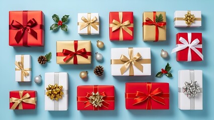 Festive christmas presents elegantly arranged against a serene light blue background delight