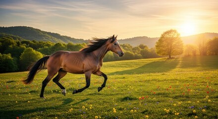 Majestic equine gallop: A vibrant meadow scene at sunset showcasing freedom and spirit