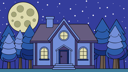 Fototapeta premium Cozy cottage under moonlit night