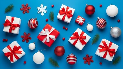 Fototapeta premium Festive flat lay arrangement of christmas gifts and ornaments on a vibrant blue surface