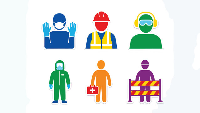Set of Six Colorful Safety and PPE Icons Construction Healthcare Hazard and First Aid