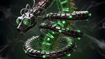 Dynamic Cybernetic Serpent Illustration Featuring Intricate Mechanical Details and Vibrant Green Lights
