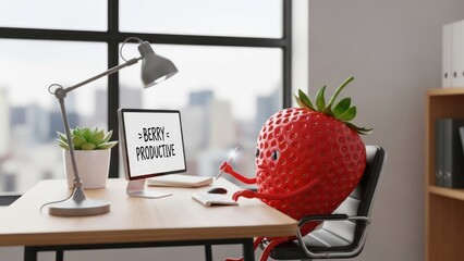Whimsical strawberry character excels at office work, promoting a fun and fruitful approach to