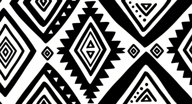 Striking black and white geometric pattern evoking tribal and aztec design aesthetics