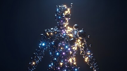 Conceptual representation of fragmented digital entity in an abstract technological future