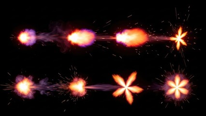 Dynamic collection of stylized muzzle flashes on a dark backdrop adding visual impact and energy