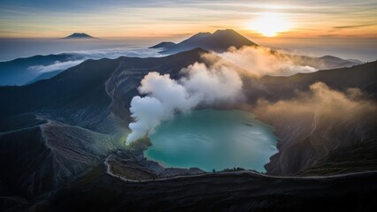 Fototapeta premium Majestic aerial panorama of volcanic lake surrounded by mountains at sunrise
