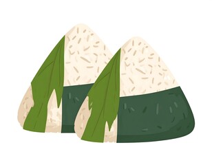 Two triangular rice balls, wrapped partly in seaweed and leaf