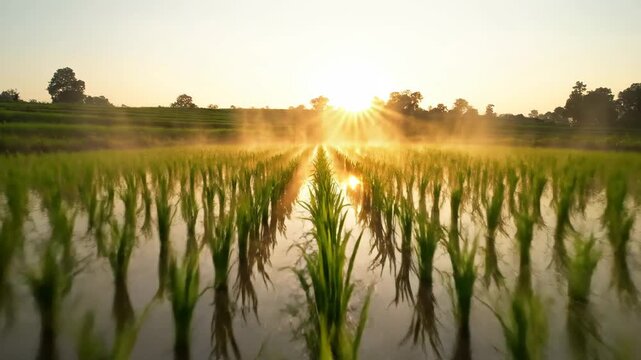 Golden rays of dawn pierce the misty atmosphere over a lush green rice paddy field at sunrise