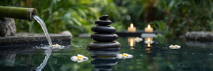 Serene water feature with balanced stones and floating flowers, creating a tranquil and relaxing ambiance