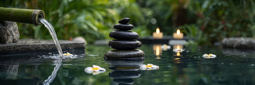 Serene water feature with balanced stones and floating flowers, creating a tranquil and relaxing ambiance - Powered by Adobe