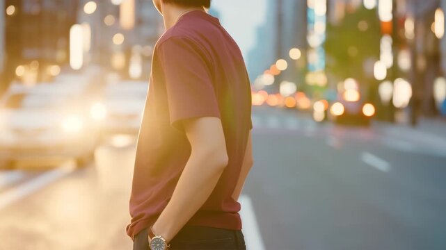 街中で無地Tシャツを着用する男性のカジュアルスタイル