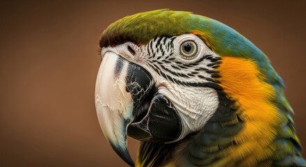 Stunning portrait of a vibrant macaw displaying its intricate plumage and beak details showcasing