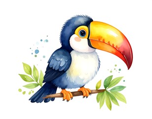 Fototapeta premium Watercolor illustration of a colorful, cartoon-like toucan perching on a branch