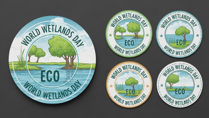 World Wetlands Day eco badges and stickers nature conservation concept with trees and water vector illustration for environmental awareness