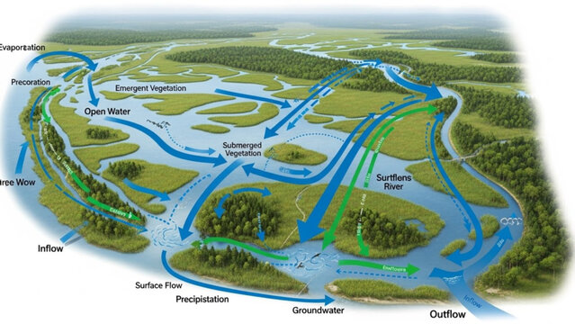 Diagram of a river delta ecosystem showing water flow and vegetation illustrating hydrological processes and environmental science concepts