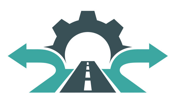 A road splits into multiple paths under a cogwheel icon, symbolizing choice and industry.
