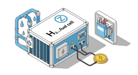 Stylized Isometric Hydrogen Fuel Cell System Depicting Clean Energy Generation for the Future