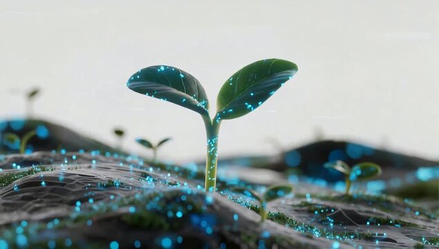 Sprouting plant with glowing dots