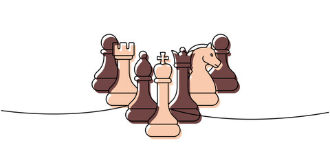 Abstract line art of a full chess formation with pawns, rook, knight, king and queen, in soft beige and brown hues © Lifeking