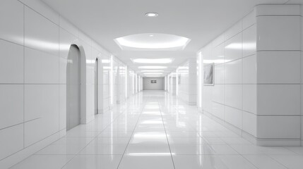 Futuristic White Corridor with Arched Doors and Bright Lights.