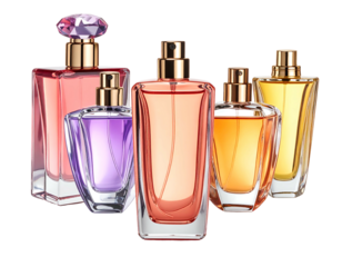 A collection of various, transparent perfume bottles filled with different colored liquids, featuring gold accents on a black background