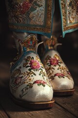 Embroidered historical footwear detailed closeup
