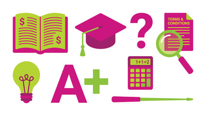 Education Success and Financial Literacy Icons Graduation Cap Open Book Light Bulb A Grade Calculator Magnifying Glass Question Mark Terms and Conditions Document for Learning and Business Concepts