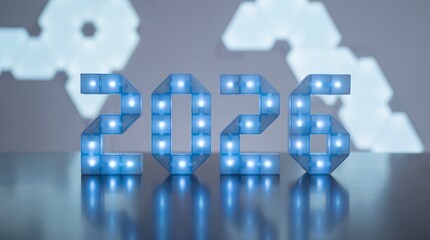 Ultra-realistic 8K studio shot of &ldquo;2026&rdquo; constructed from translucent modular light blocks on reflective surface. Soft blue glow, controlled reflections, clean minimal composition.