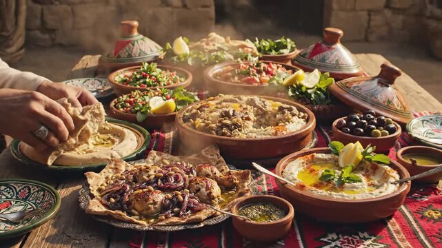Close up of traditional meal arrangement featuring assorted dishes and hand interactions