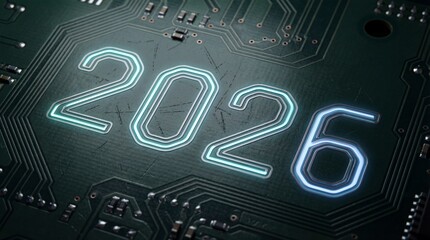 Ultra-realistic 8K macro shot of &ldquo;2026&rdquo; naturally formed by illuminated circuit board paths on dark matte motherboard. Subtle cyan-blue glow, micro details, clean technical composition.