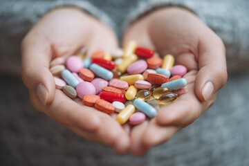 Hands Holding Colorful Assorted Pharmaceutical Pills and Capsules.