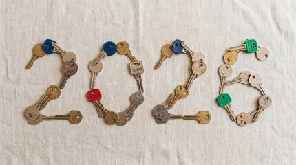 Ultra-realistic 8K flat-lay photograph of &ldquo;2026&rdquo; arranged with minimal house keys on a soft neutral background. Clean, organized composition emphasizes homeownership, planning and new beginnings.