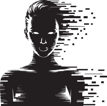 Black female silhouette vector illustration with digital glitch pixel dispersion effect for technology, AI, and futuristic cyber identity concepts