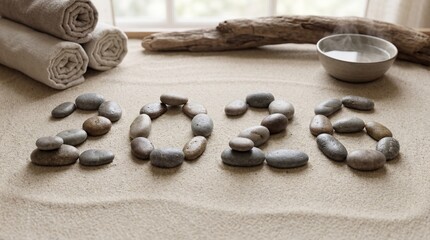 Ultra-realistic 8K spa-style photograph of &ldquo;2026&rdquo; formed with smooth neutral river stones on soft sand. Balanced, calming composition conveys wellness, mindfulness and harmony.